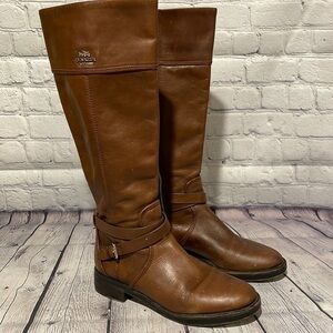 Coach British Tan Tall Boots with gold logo Sz 6B